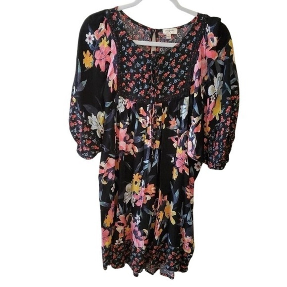 umgee Floral Print Mini Dress Bohemian Cottagecore Multicolor Puff Sleeve Casual